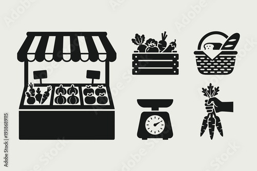 Farmers Market Stall and Fresh Produce Icon Set