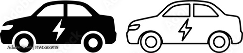 Simple Electric Sedan Car Icons From Side View, Black Silhouette And Outline EV Vehicle With Lightning Bolt Symbol, Minimalist Sustainable Transportation