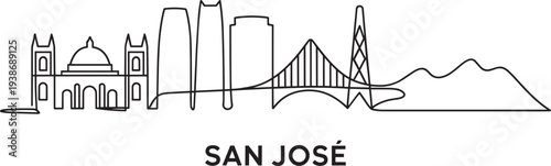 San jose skyline line art illustration with cathedral towers city buildings and mountain view