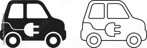 Compact City Electric Vehicle Icons With Dual View, Black Silhouette And Outline Small EV Car With Electric Plug Symbol, Minimalist Urban Transportation