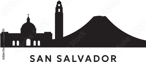 San salvador skyline silhouette with cathedral dome bell tower and san salvador volcano peak