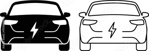 Simple Electric Car Icons With Dual View, Black Silhouette And Outline EV Vehicle For Sustainable Transportation, Minimalist Green Energy Vector