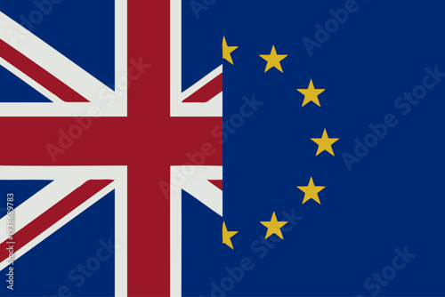 Burning Brexit Concept with European Union and United Kingdom federal state Official Symbol Side by Side. National Flag Combination Image. Close Up Sign. Close-Up International Relations Concept