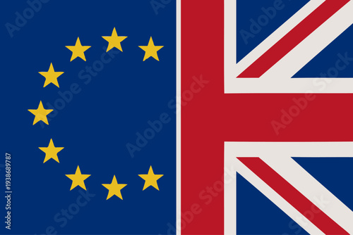 Burning Brexit Concept with European Union and United Kingdom federal state Official Symbol Side by Side. National Flag Combination Image. Close Up Sign. Close-Up International Relations Concept