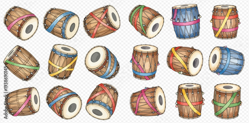 Watercolor illustration of traditional Indian Dholak drums with colorful straps, set of musical instruments.