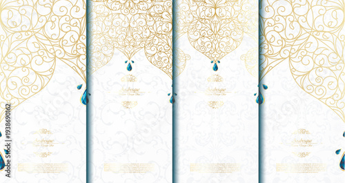 Arabesque abstract islamic element classy white and gold background card template vector set