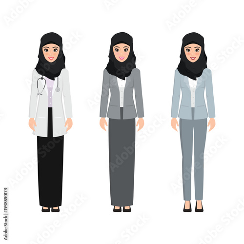 arab woman character pose with doctor and business woman. vector illustration design.