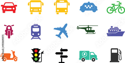 Transportation modes and vehicles icon set