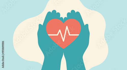 Hands holding a heart with a heartbeat line, representing care and compassion in a simple illustration