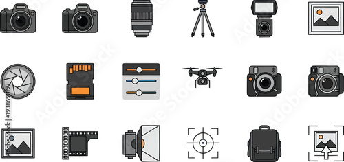 Collection of photography equipment and related accessories icons