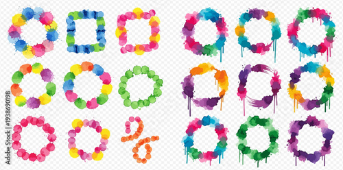 Set of colorful watercolor frames and borders with paint splatters and drips, vibrant abstract design elements.