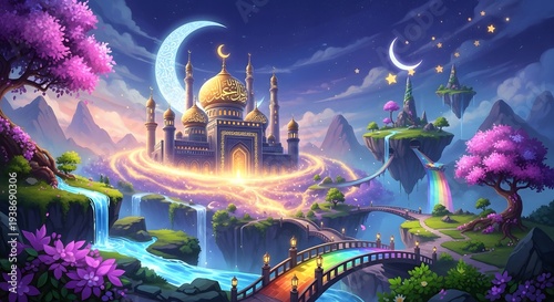 Happy Eid Mubarak Muslim Family Celebration with Mosque, Crescent Moon and Ramadan Lanterns