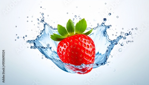 Fresh red strawberry splash in water droplets isolated on white background
