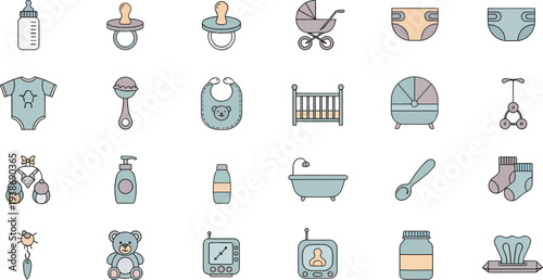 Baby shower icon set with nursery and childcare essentials