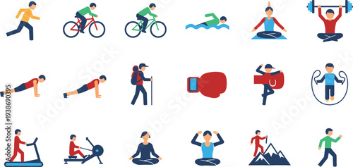 Fitness and exercise icons for healthy lifestyle and wellness activities