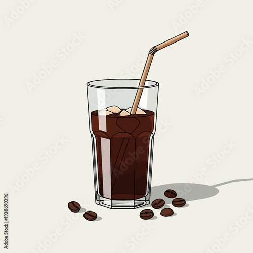 Glass of Iced Coffee with Straw and Coffee Beans