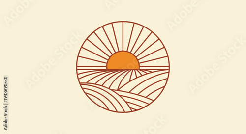 Minimalist circular logo depicting a rising sun over rolling agricultural fields, rendered in a clean line art style with warm colors.