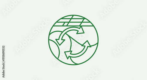 A green line art illustration depicting a circular economy concept with arrows, solar panels, and land elements within a global sphere.