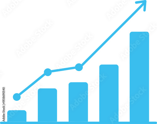 A blue bar graph with a line and arrow showing growth and statistics