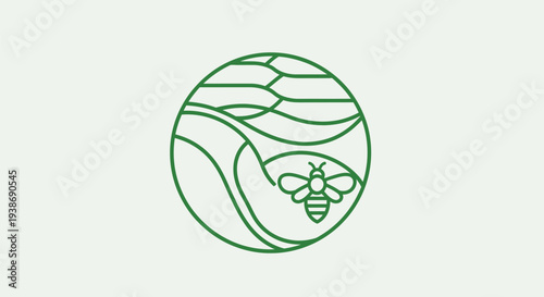 Minimalist green line art logo featuring a bee, terraced landscape, and flowing path within a circular design on a light background.