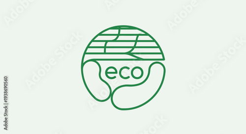 A minimalist green line art logo featuring the word "eco" embraced by stylized hands or leaves, with a globe design above, symbolizing environmental care and sustainability.