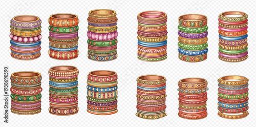 Set of stacked colorful bracelets, bangles, and rings with various patterns and textures, isolated on a transparent background.