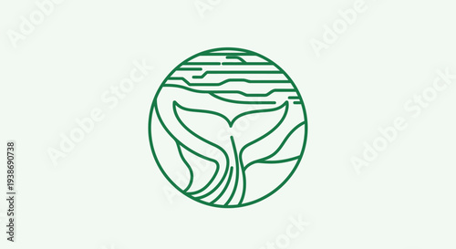 A minimalist green line art logo featuring a whale's tail diving into abstract water ripples within a circular frame, symbolizing marine life and nature.