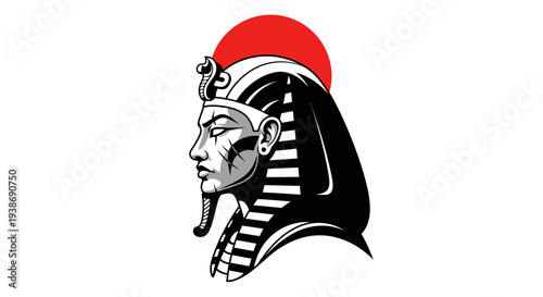 Stylized profile illustration of an ancient Egyptian pharaoh wearing a nemes headdress with a red sun disk in the background.