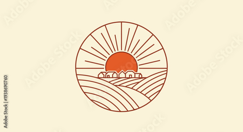 Minimalist line art illustration of a serene sunrise over rolling fields with clouds, enclosed in a circular frame.