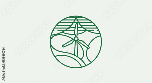 A minimalist green line art logo depicting a wind turbine in a hilly landscape under a stylized sky, symbolizing renewable energy and environmental sustainability.