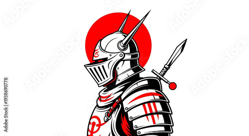 Stylized knight in full armor with a red sun background and a sword, featuring a Japanese-inspired design.