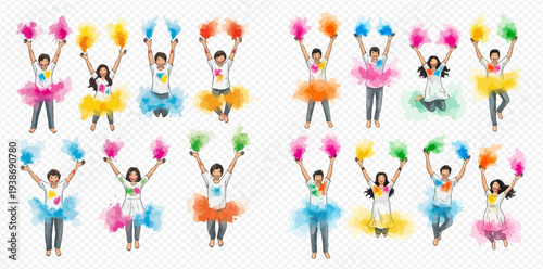 Happy children celebrating Holi festival with colorful powder paint.