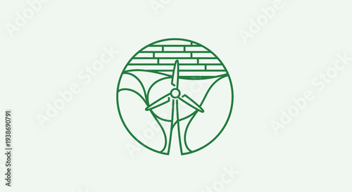 Green line art illustration of a wind turbine in a natural landscape with hills and a textured background, symbolizing renewable energy and environmental sustainability.