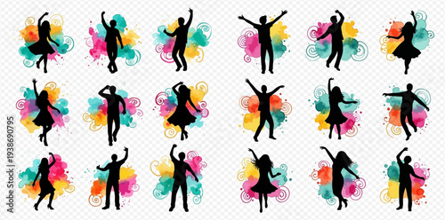 Collection of dynamic dancing people silhouettes with colorful watercolor splashes, celebrating and having fun.