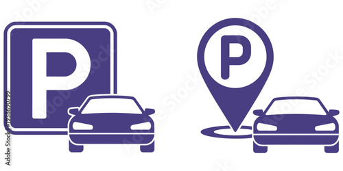 Car parking icon set, P symbol parking sign, vehicle parking area marker, map location pin, and transportation facility