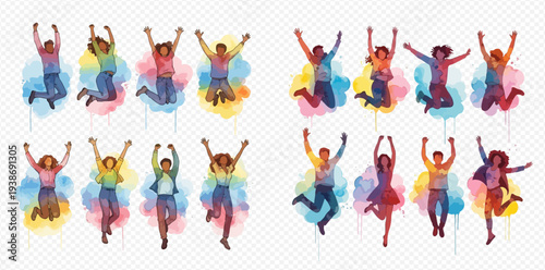 Diverse group of happy people jumping with joy and colorful watercolor splashes, celebrating success and freedom.