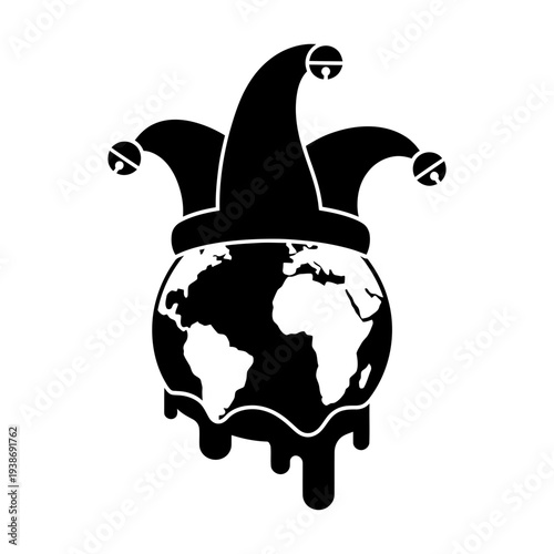 Melting globe wearing jester hat in dramatic black and white
