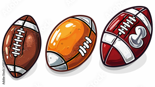 Three colorful illustrated footballs, each with distinctive colors, details, and stitching, on a white background