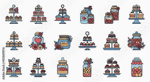 A collection of assorted cakes and jars of jam, artfully arranged on display. The presentation evokes a sense of charm and homemade deliciousness.