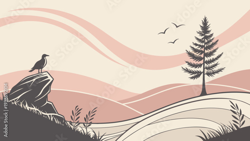 A vulture perched on a rock, watching seagulls flying near the mountains.