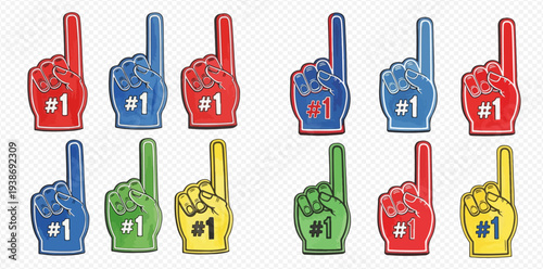 Collection of colorful foam fingers with number one symbol, perfect for sports events and celebrations.