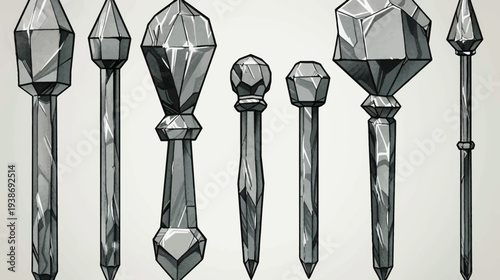 A grayscale illustration of stylized, gem-topped staffs with varying shapes and crystal facets