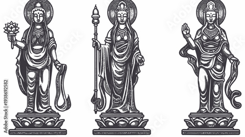 Three statues of a deity with halos, standing in ornate garments, set on decorated pedestals