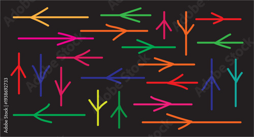 A colorful array of neon arrows pointing in various directions on a black background with multiple vibrant hues and shapes