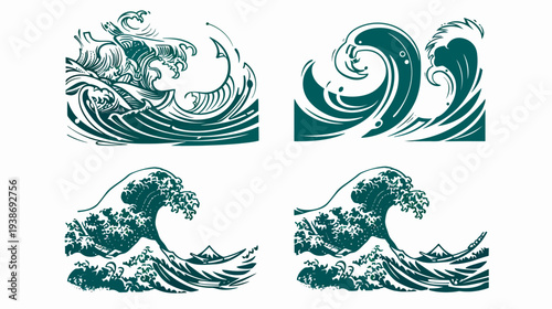 Four stylized renderings of waves in varying stages of breaking and curling, against a white backdrop