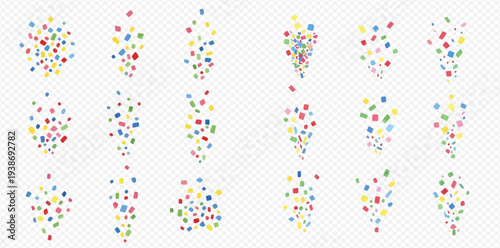 Set of colorful confetti falling on a transparent background, vibrant celebration elements for festive designs.