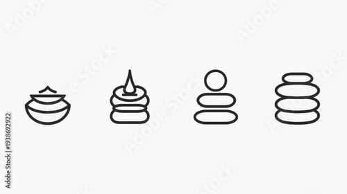 Four black outlined icons, featuring a stacked bowl, a pyramid of stones, pebble stacks, and balanced circles