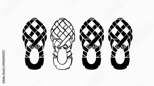 Four black and white illustrations of a woven pattern, possibly representing a shoe's design
