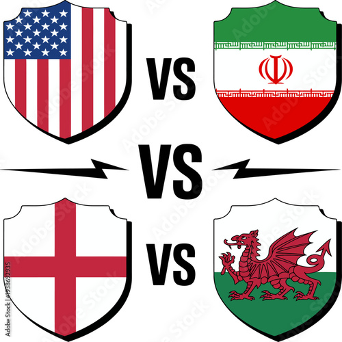 Iran versus England and Wales flags rivalry illustration with shield symbols