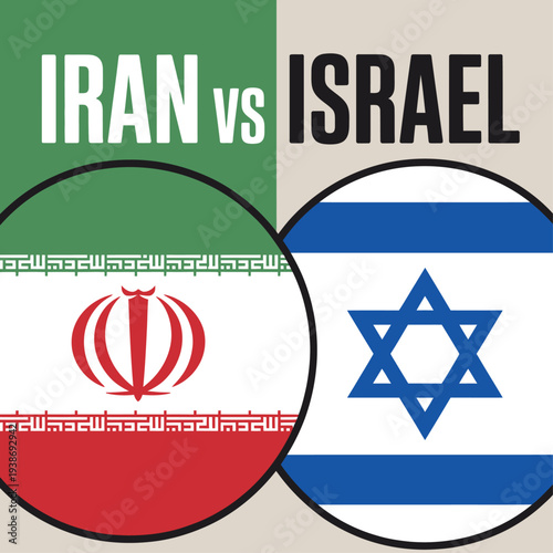 Iran vs Israel illustration with flags symbolizing geopolitical conflict rivalry